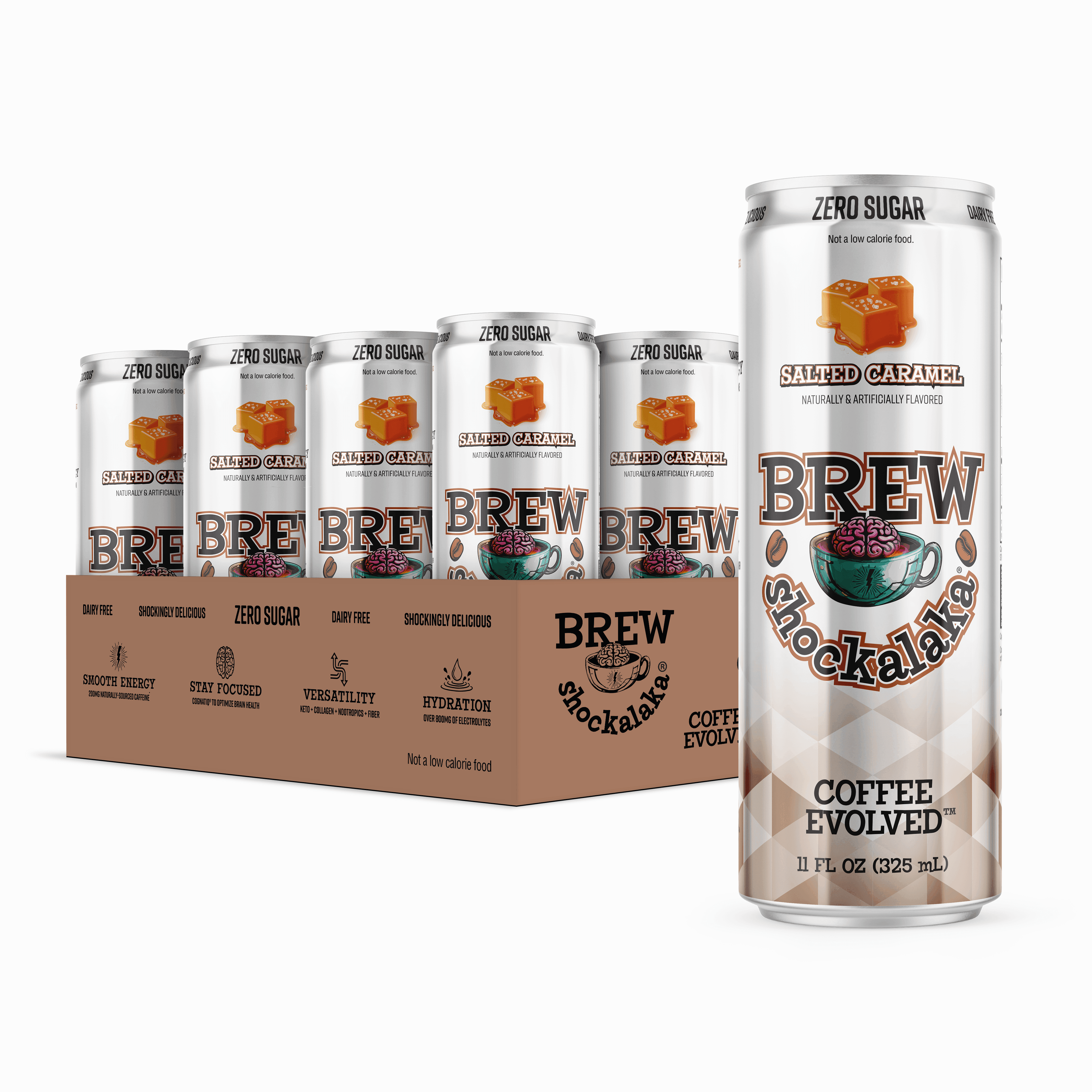 Brew Shockalaka Salted Caramel Nootropic Coffee 6-pack in brown packaging, sugar-free and formulated for hydration, energy, and mental clarity.