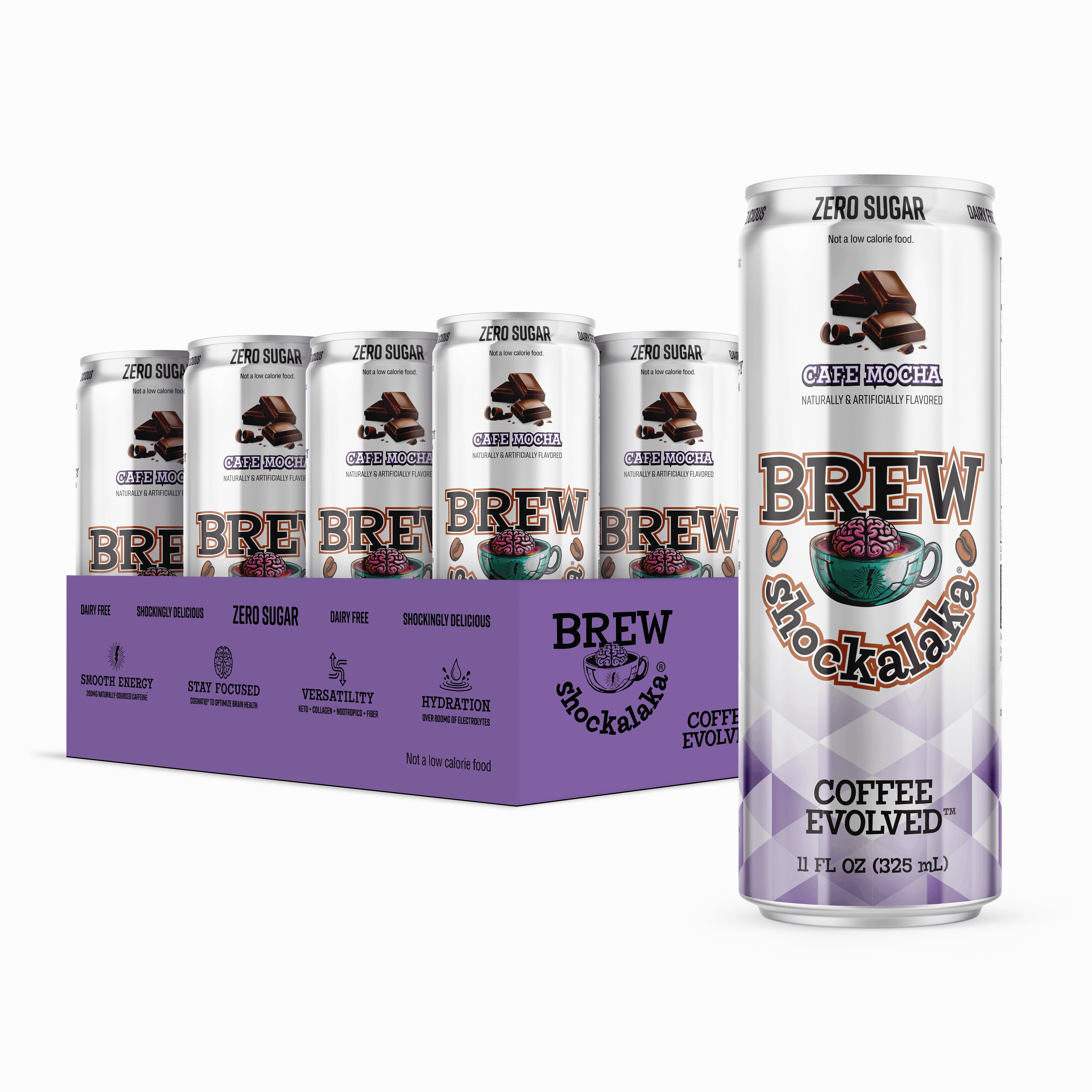 Brew Shockalaka Cafe Mocha Nootropic Coffee 6-pack in purple packaging, sugar-free and designed for energy, focus, and hydration.