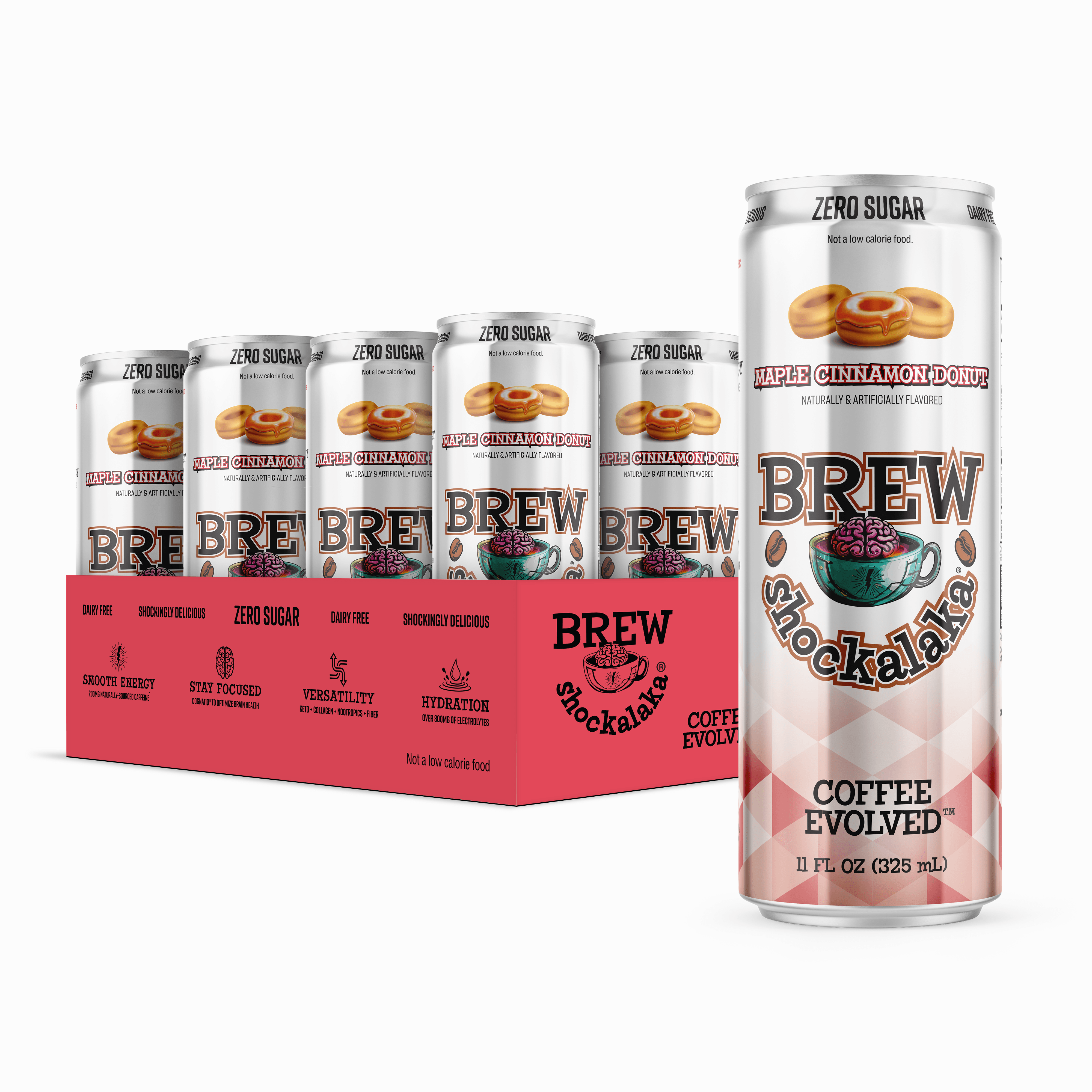 Brew Shockalaka Maple Cinnamon Donut Nootropic Coffee 6-pack in red packaging, zero sugar, supports focus and energy without crash.