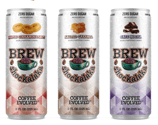 Close-up of Brew Shockalaka Coffee RTD cans in Cafe Mocha, Salted Caramel, and Maple Cinnamon Donut flavors, highlighting sugar-free formula.